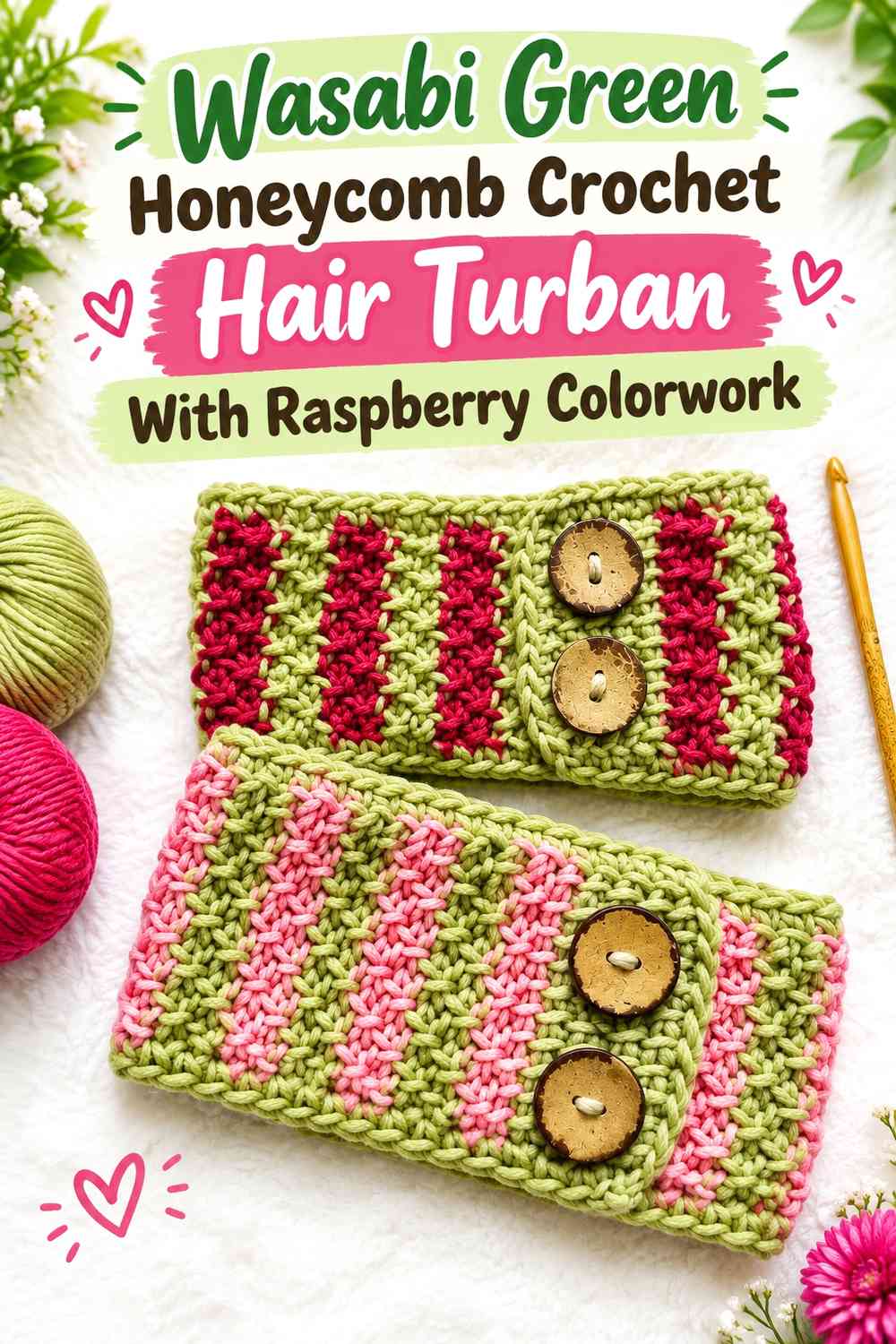 Wasabi Green Honeycomb Crochet Hair Turban With Raspberry Colorwork