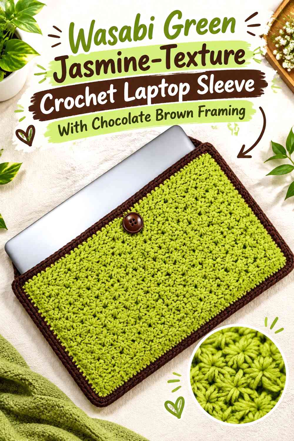 Wasabi Green Jasmine-Texture Crochet Laptop Sleeve With Chocolate Brown Framing