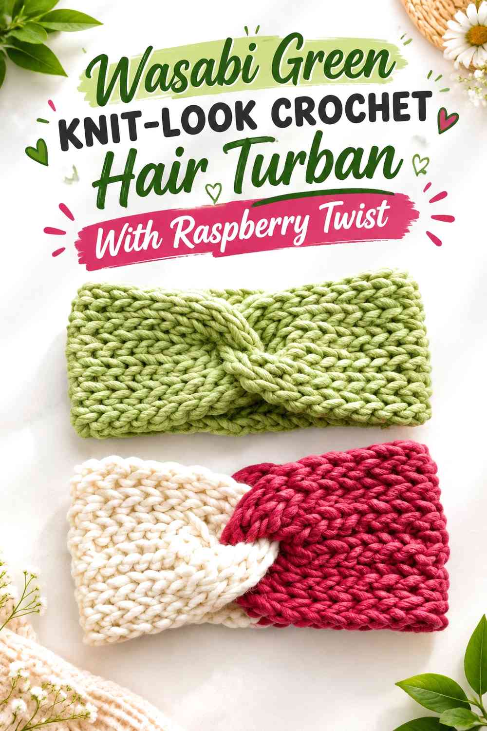 Wasabi Green Knit-Look Crochet Hair Turban With Raspberry Twist
