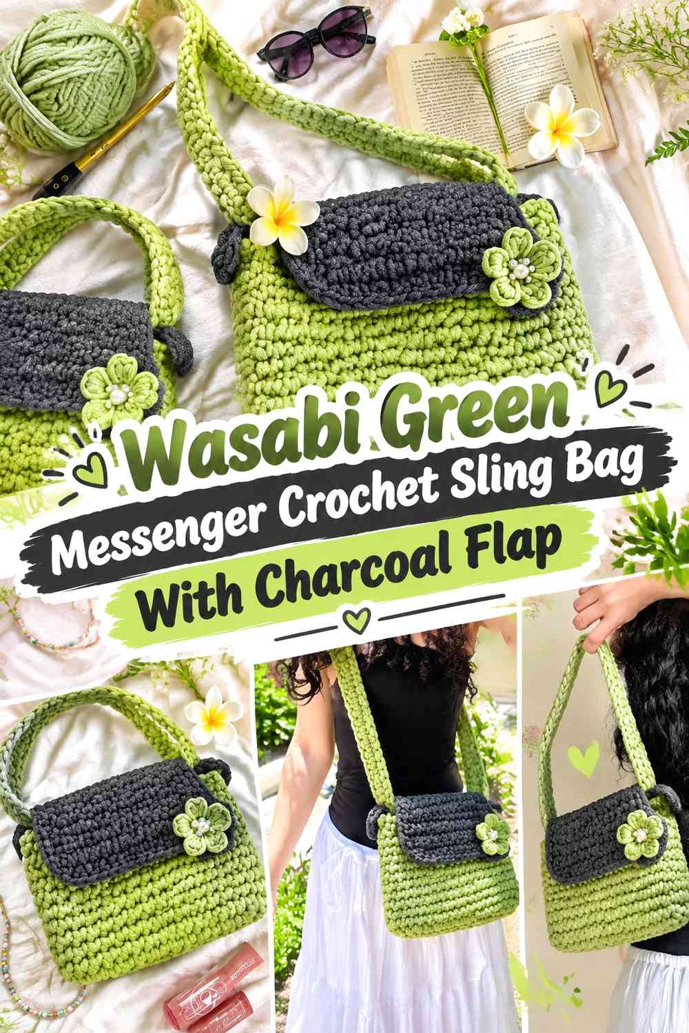 Wasabi Green Messenger Crochet Sling Bag With Charcoal Flap