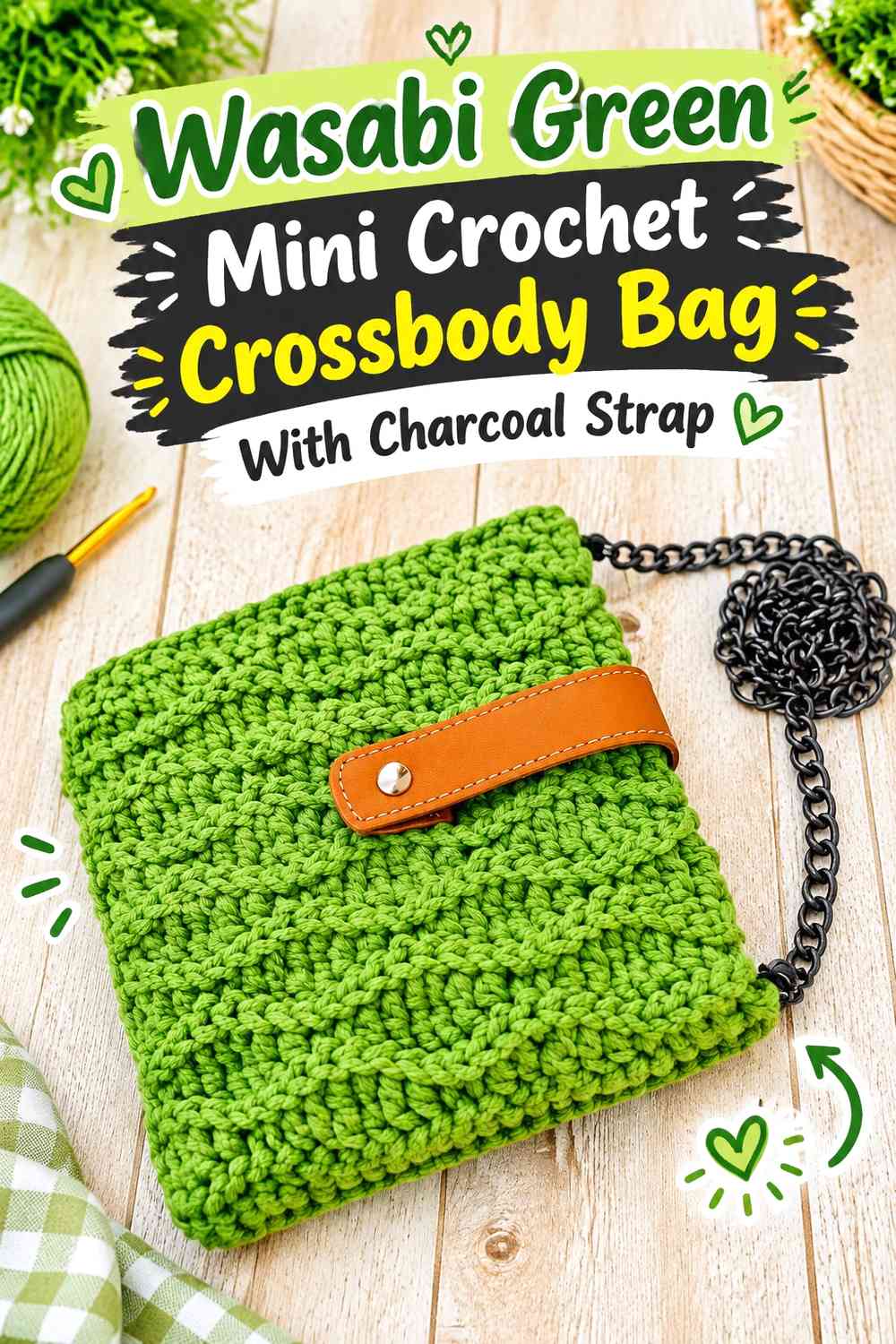 Wasabi Green Mini Crochet Crossbody Bag With Charcoal Strap