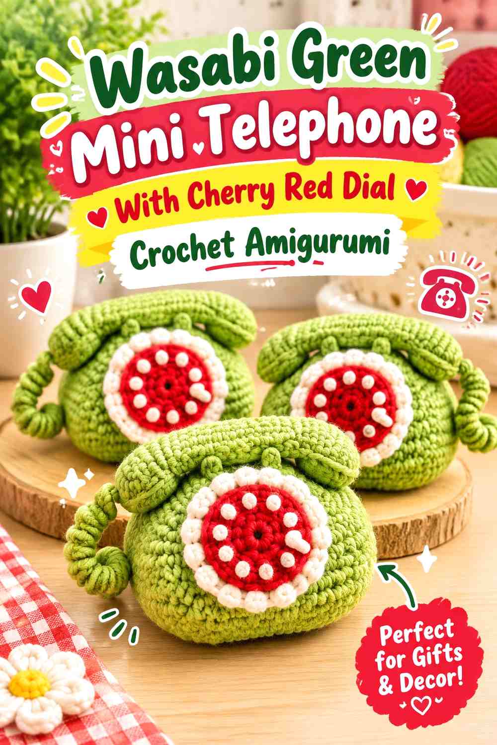 Wasabi Green Mini Telephone With Cherry Red Dial Crochet Amigurumi