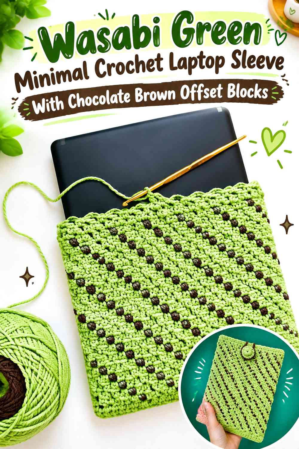 Wasabi Green Minimal Crochet Laptop Sleeve With Chocolate Brown Offset Blocks
