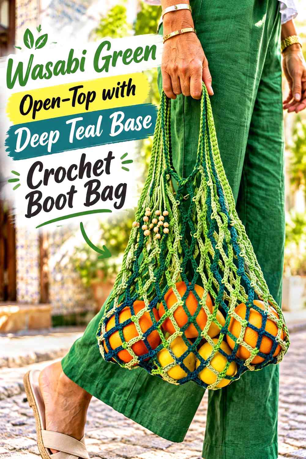 Wasabi Green Open-Top with Deep Teal Base Crochet Boot Bag