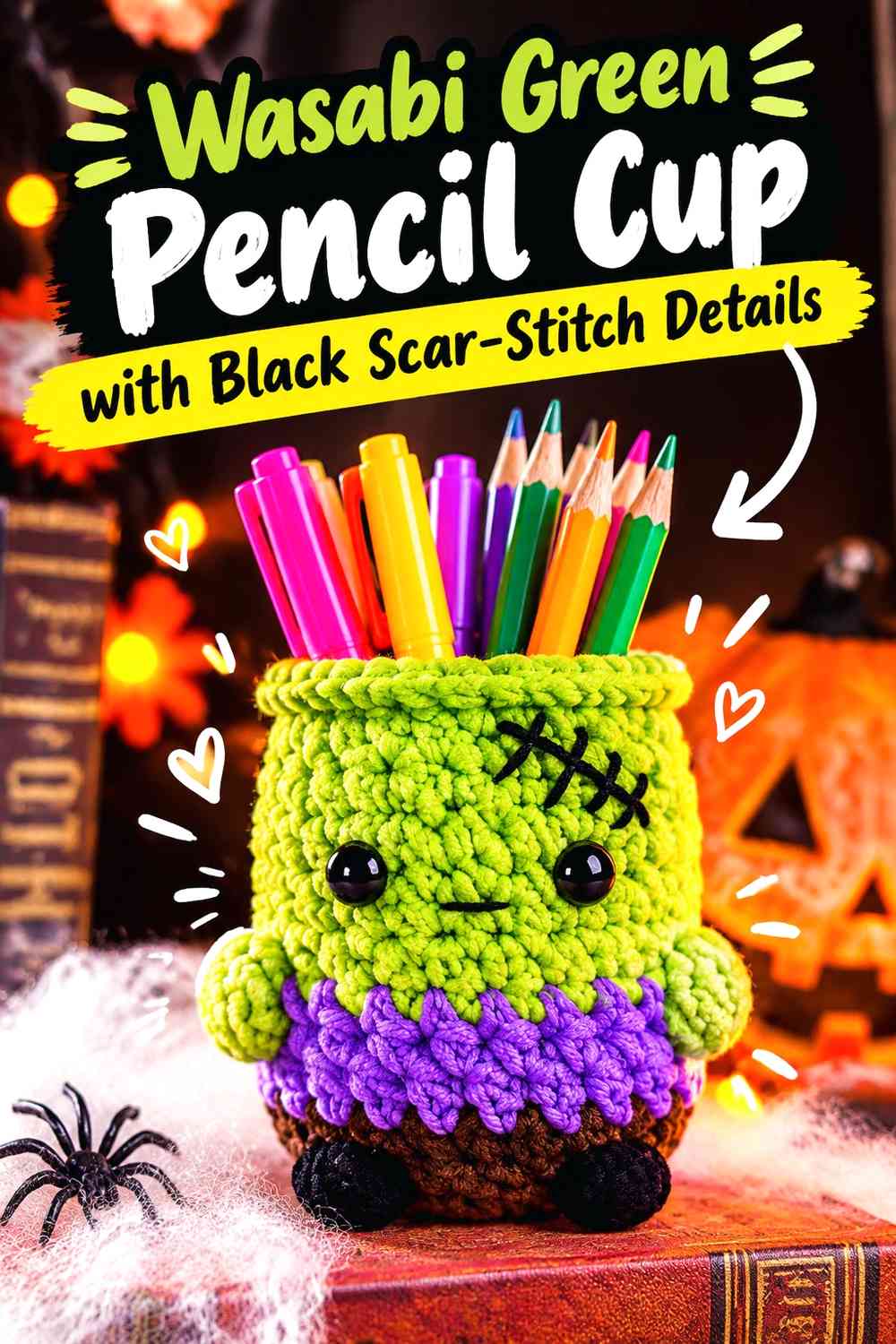 Wasabi Green Pencil Cup with Black Scar-Stitch Details