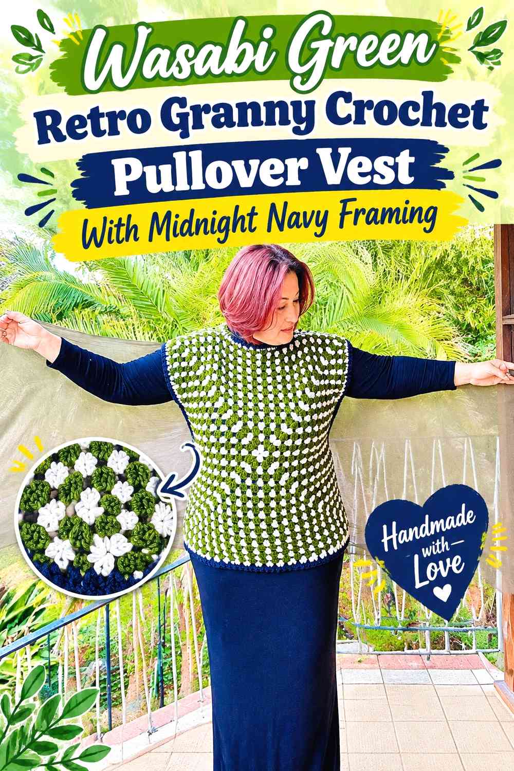 Wasabi Green Retro Granny Crochet Pullover Vest With Midnight Navy Framing