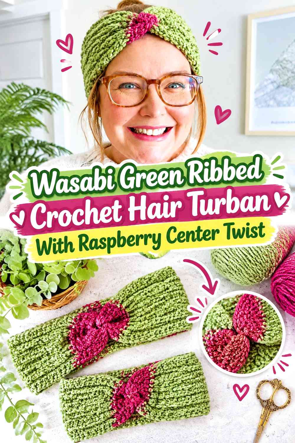Wasabi Green Ribbed Crochet Hair Turban With Raspberry Center Twist