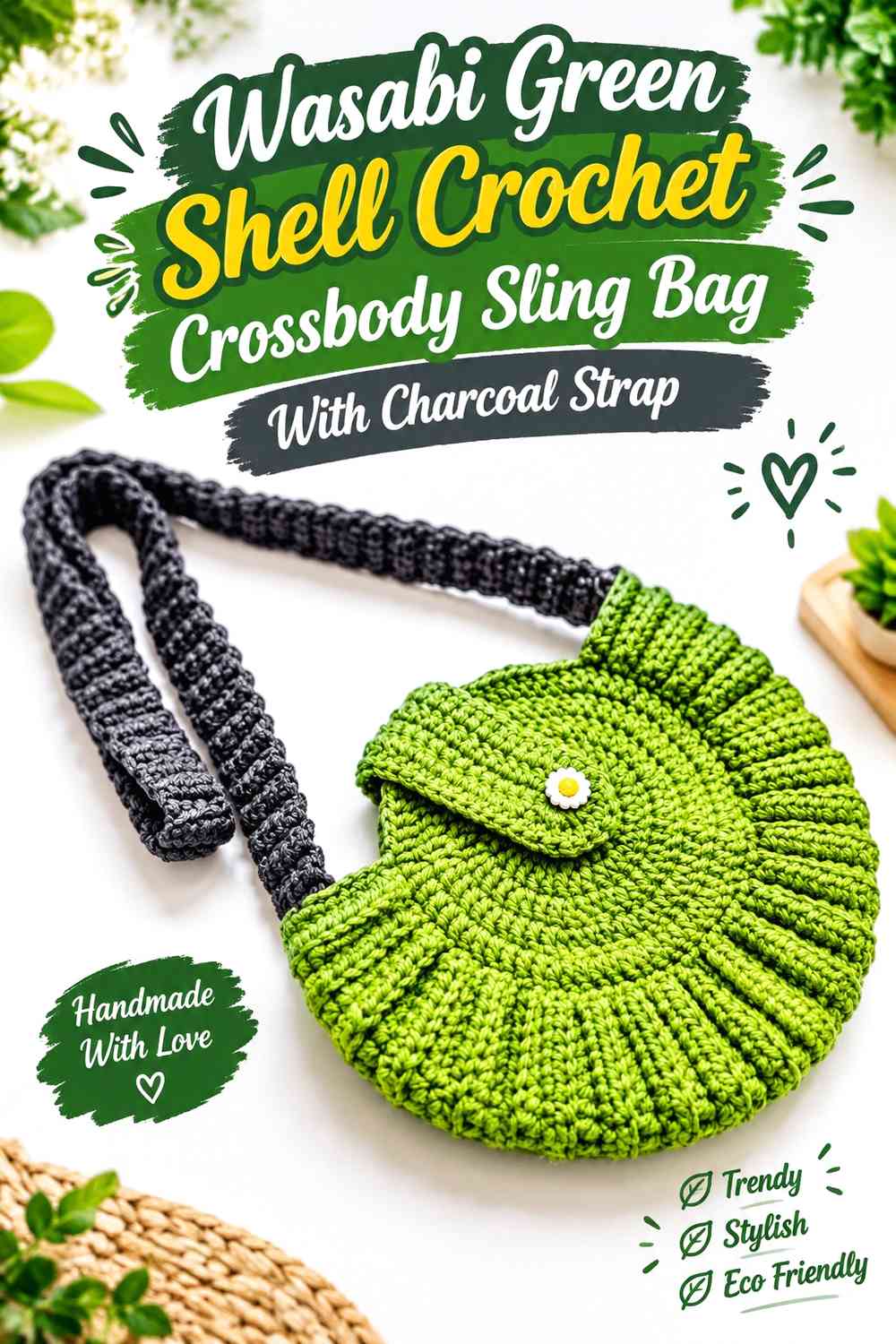 Wasabi Green Shell Crochet Crossbody Sling Bag With Charcoal Strap