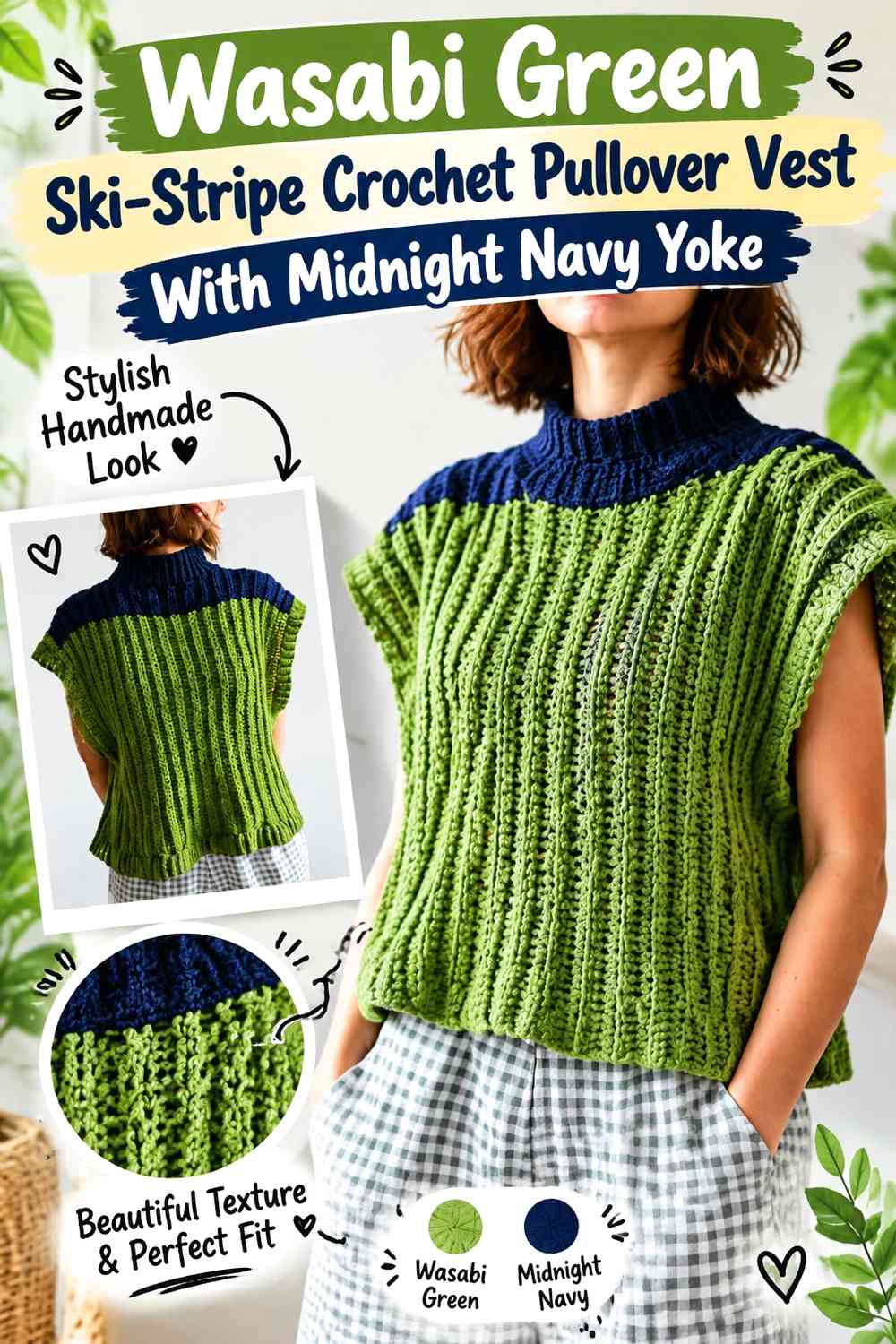 Wasabi Green Ski-Stripe Crochet Pullover Vest With Midnight Navy Yoke