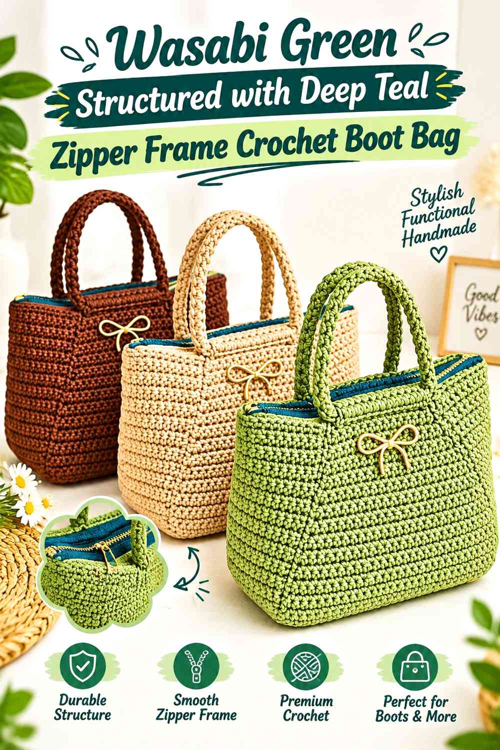 Wasabi Green Structured with Deep Teal Zipper Frame Crochet Boot Bag