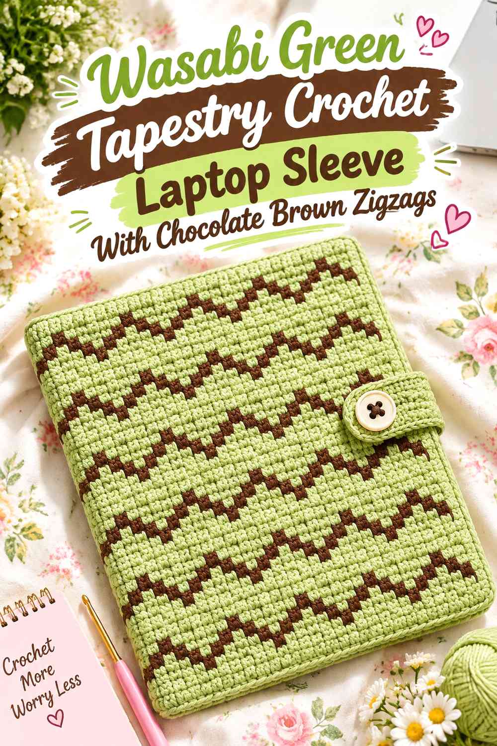 Wasabi Green Tapestry Crochet Laptop Sleeve With Chocolate Brown Zigzags