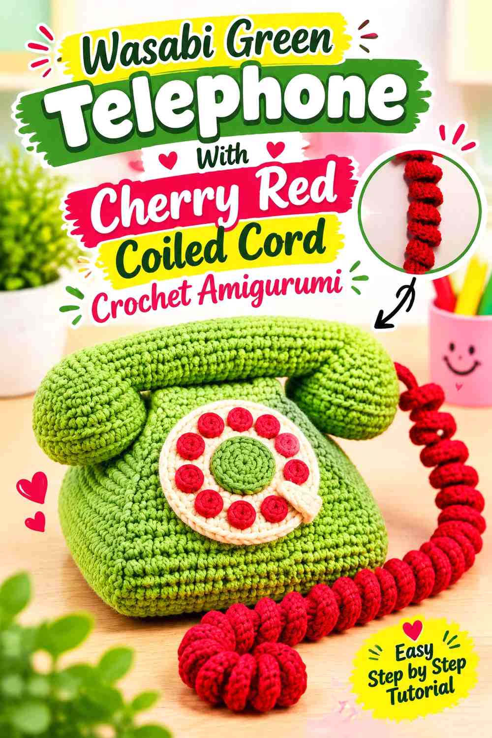 Wasabi Green Telephone With Cherry Red Coiled Cord Crochet Amigurumi