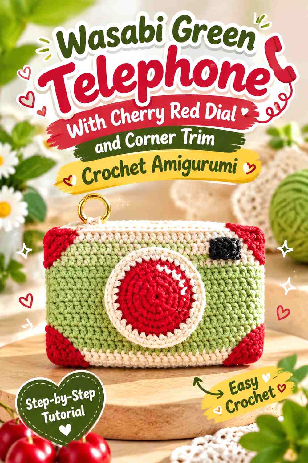 Wasabi Green Telephone With Cherry Red Dial and Corner Trim Crochet Amigurumi