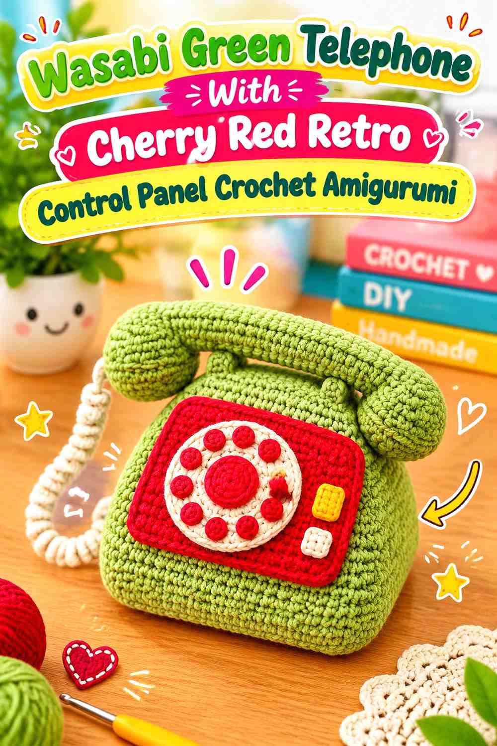 Wasabi Green Telephone With Cherry Red Retro Control Panel Crochet Amigurumi