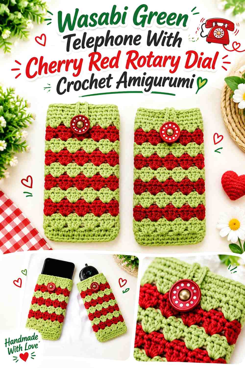 Wasabi Green Telephone With Cherry Red Rotary Dial Crochet Amigurumi