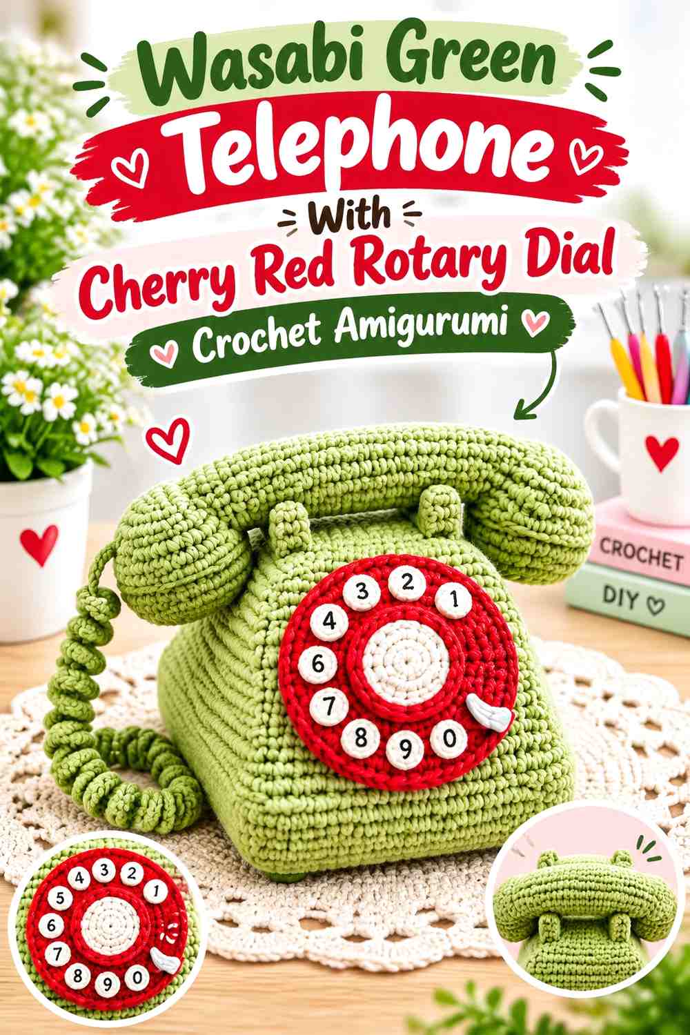 Wasabi Green Telephone With Cherry Red Rotary Dial Crochet Amigurumi