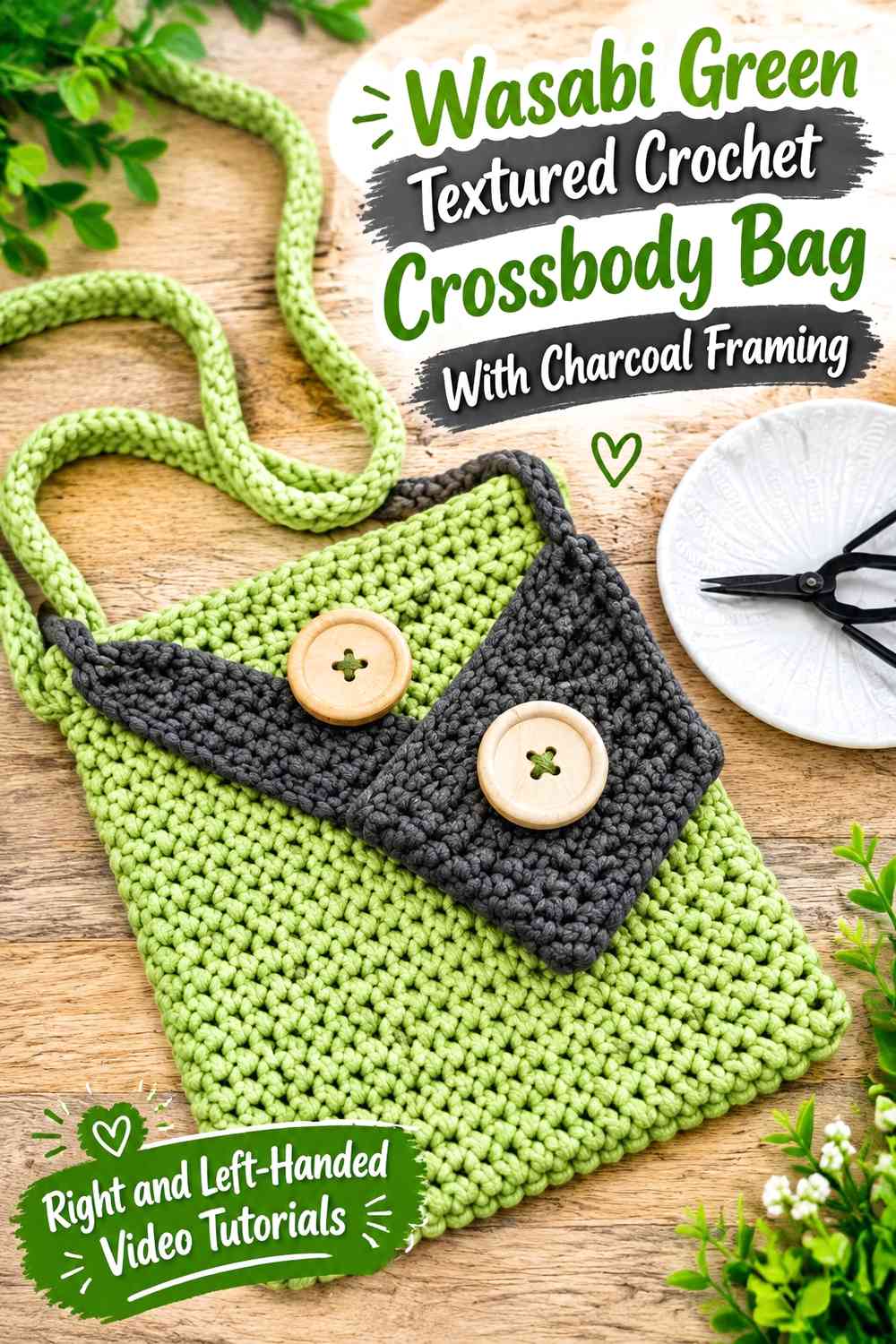 Wasabi Green Textured Crochet Crossbody Bag With Charcoal Framing