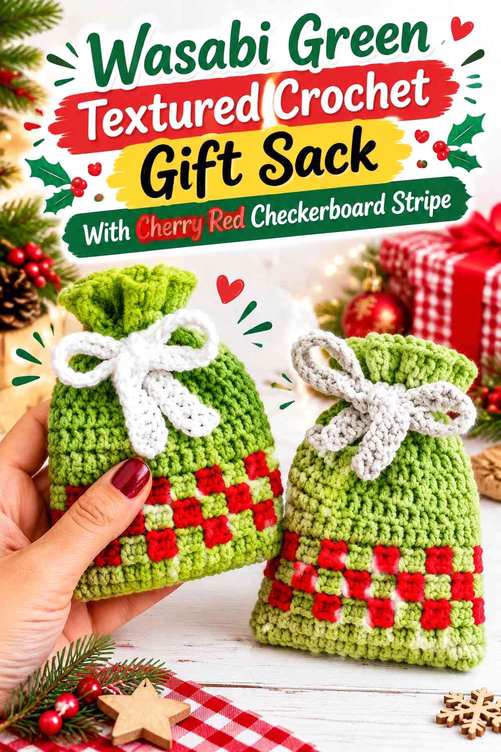 Wasabi Green Textured Crochet Gift Sack With Cherry Red Checkerboard Stripe