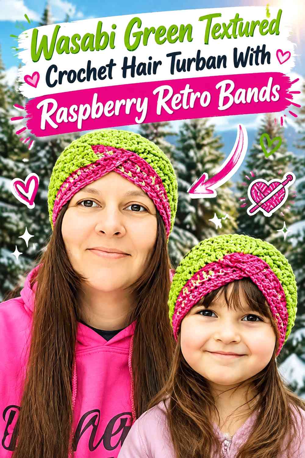 Wasabi Green Textured Crochet Hair Turban With Raspberry Retro Bands