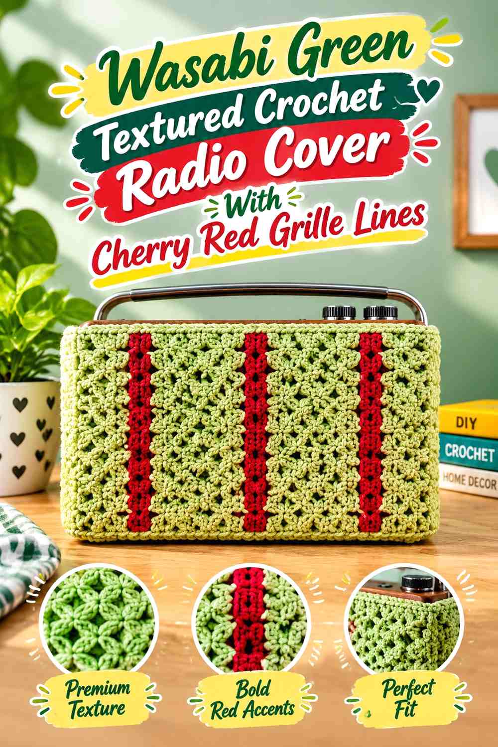 Wasabi Green Textured Crochet Radio Cover With Cherry Red Grille Lines
