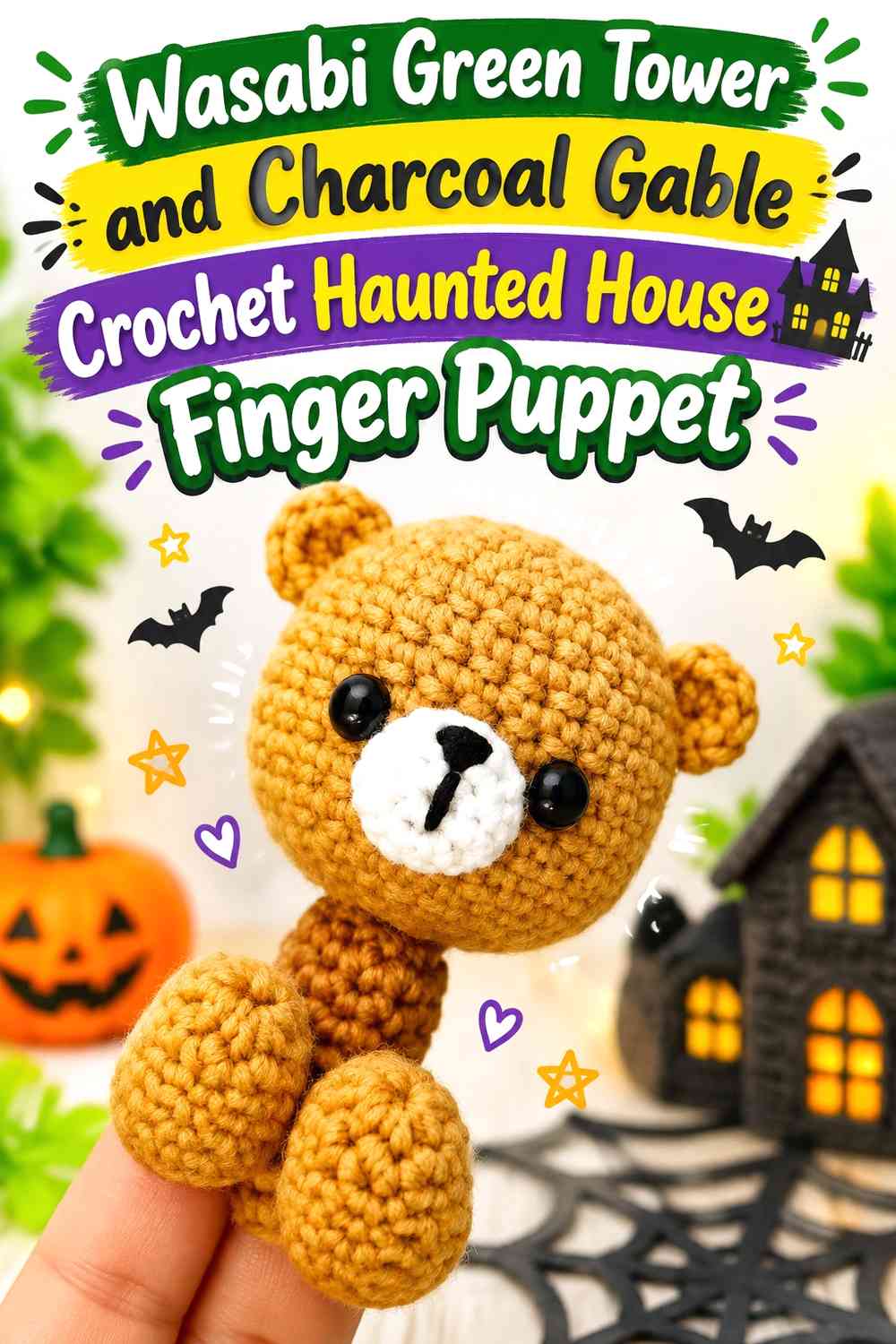 Wasabi Green Tower and Charcoal Gable Crochet Haunted House Finger Puppet
