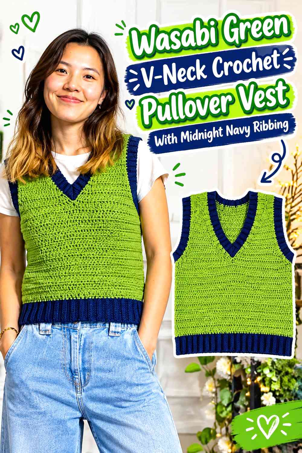 Wasabi Green V-Neck Crochet Pullover Vest With Midnight Navy Ribbing