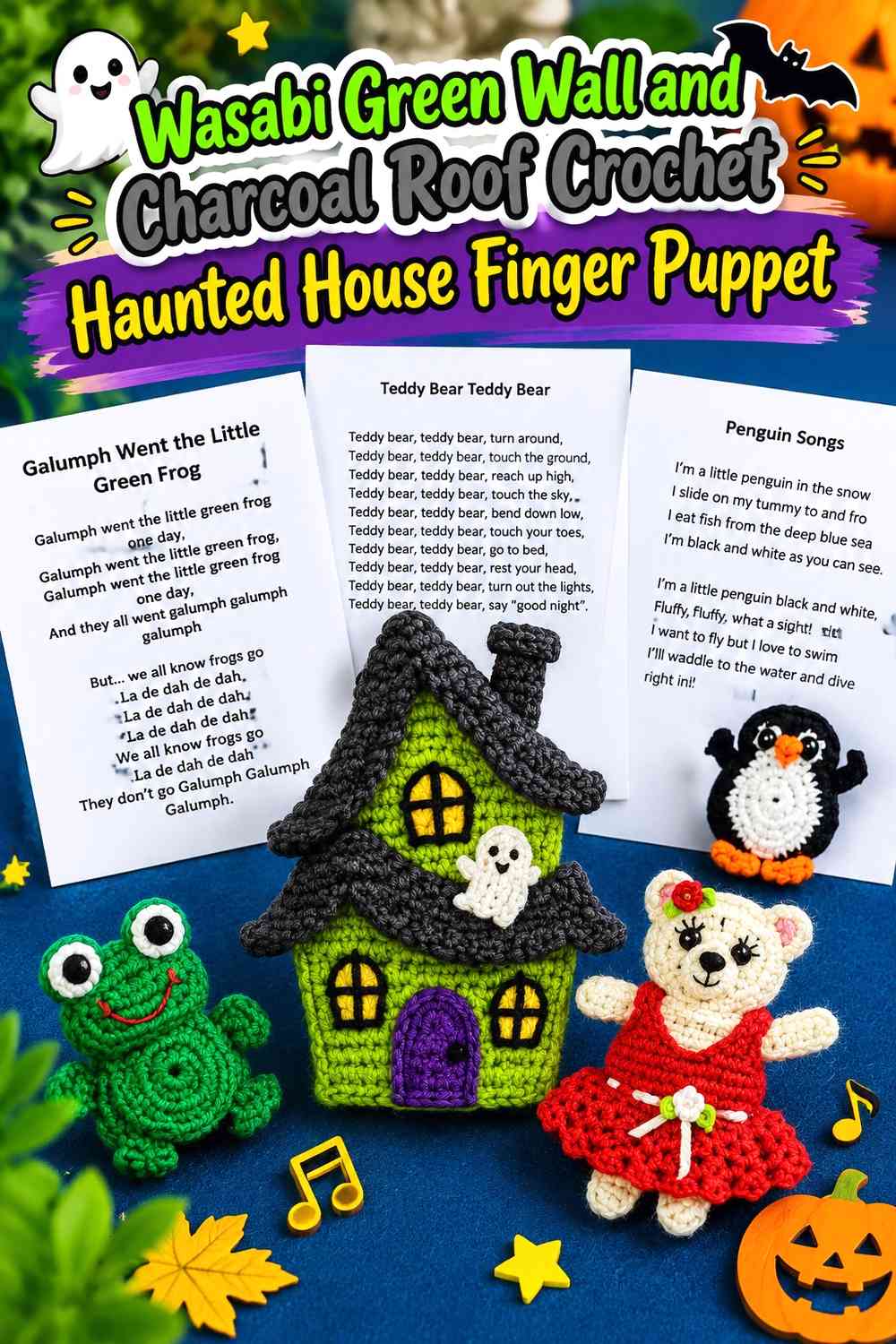 Wasabi Green Wall and Charcoal Roof Crochet Haunted House Finger Puppet