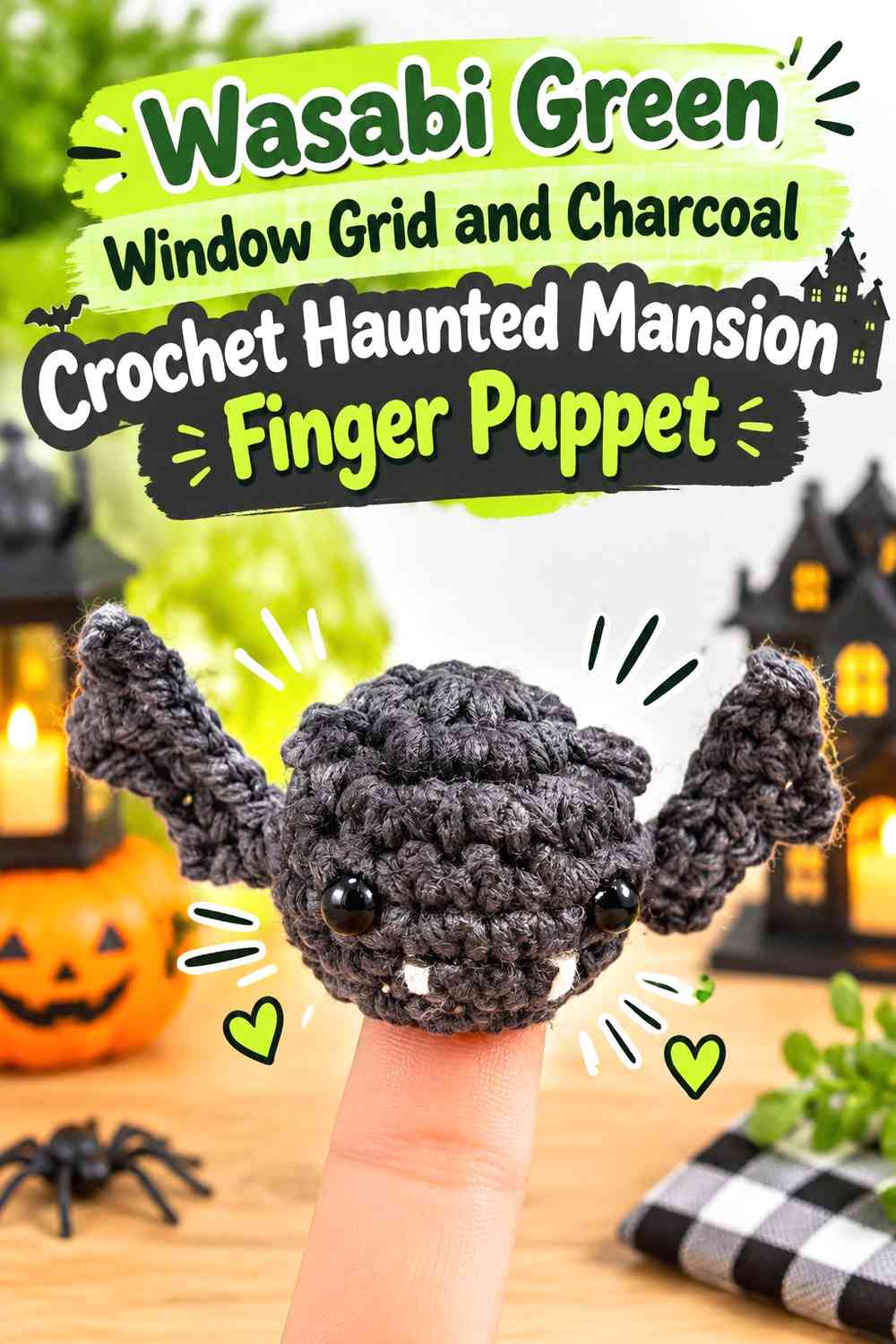 Wasabi Green Window Grid and Charcoal Crochet Haunted Mansion Finger Puppet