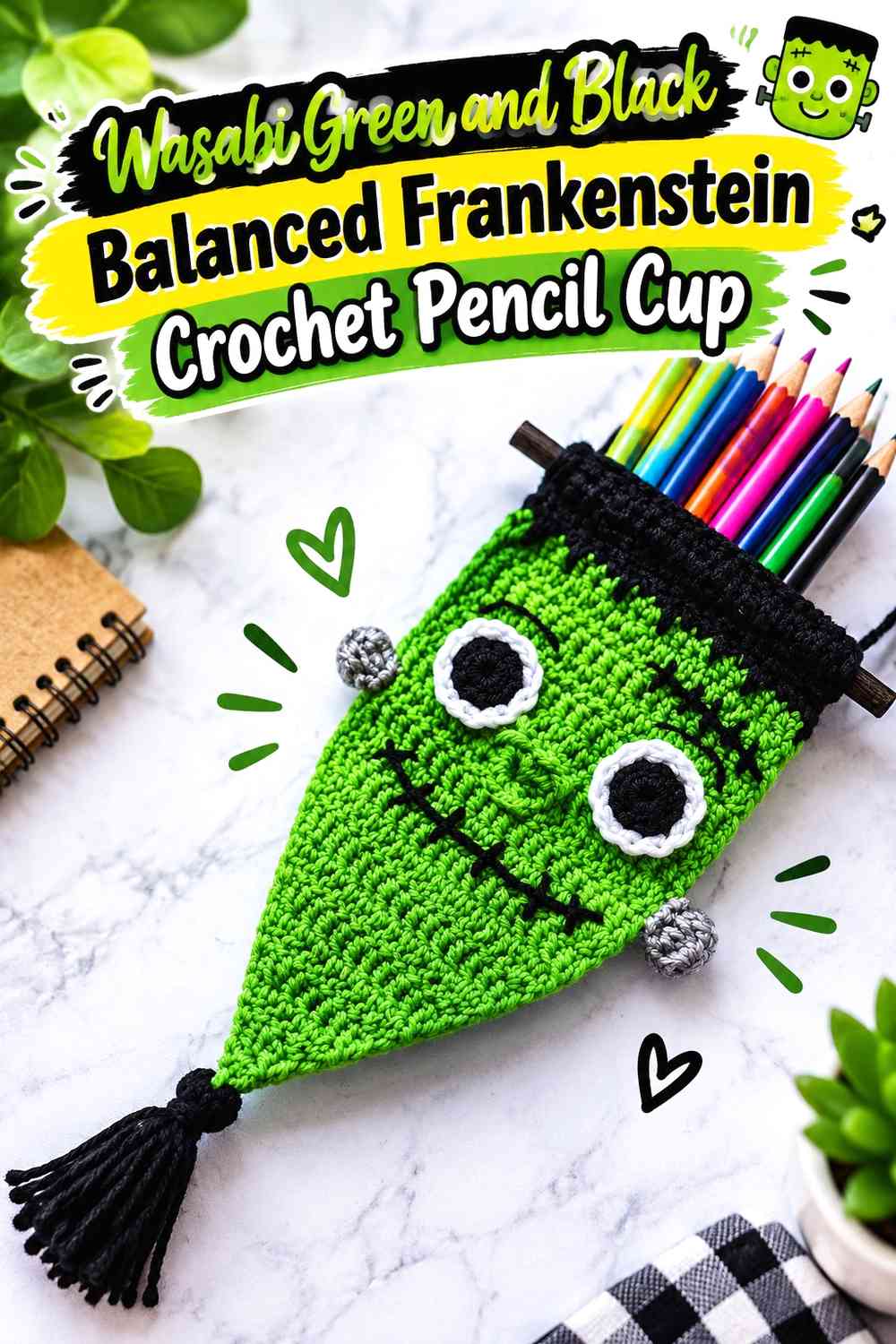 Wasabi Green and Black Balanced Frankenstein Crochet Pencil Cup