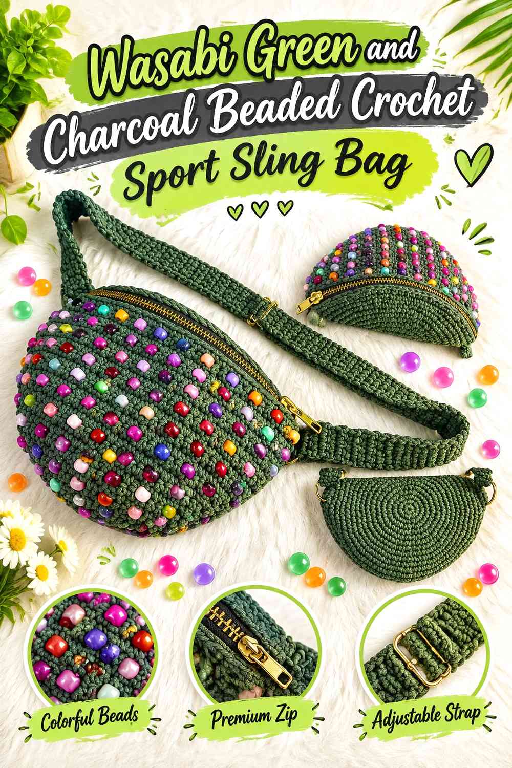 Wasabi Green and Charcoal Beaded Crochet Sport Sling Bag