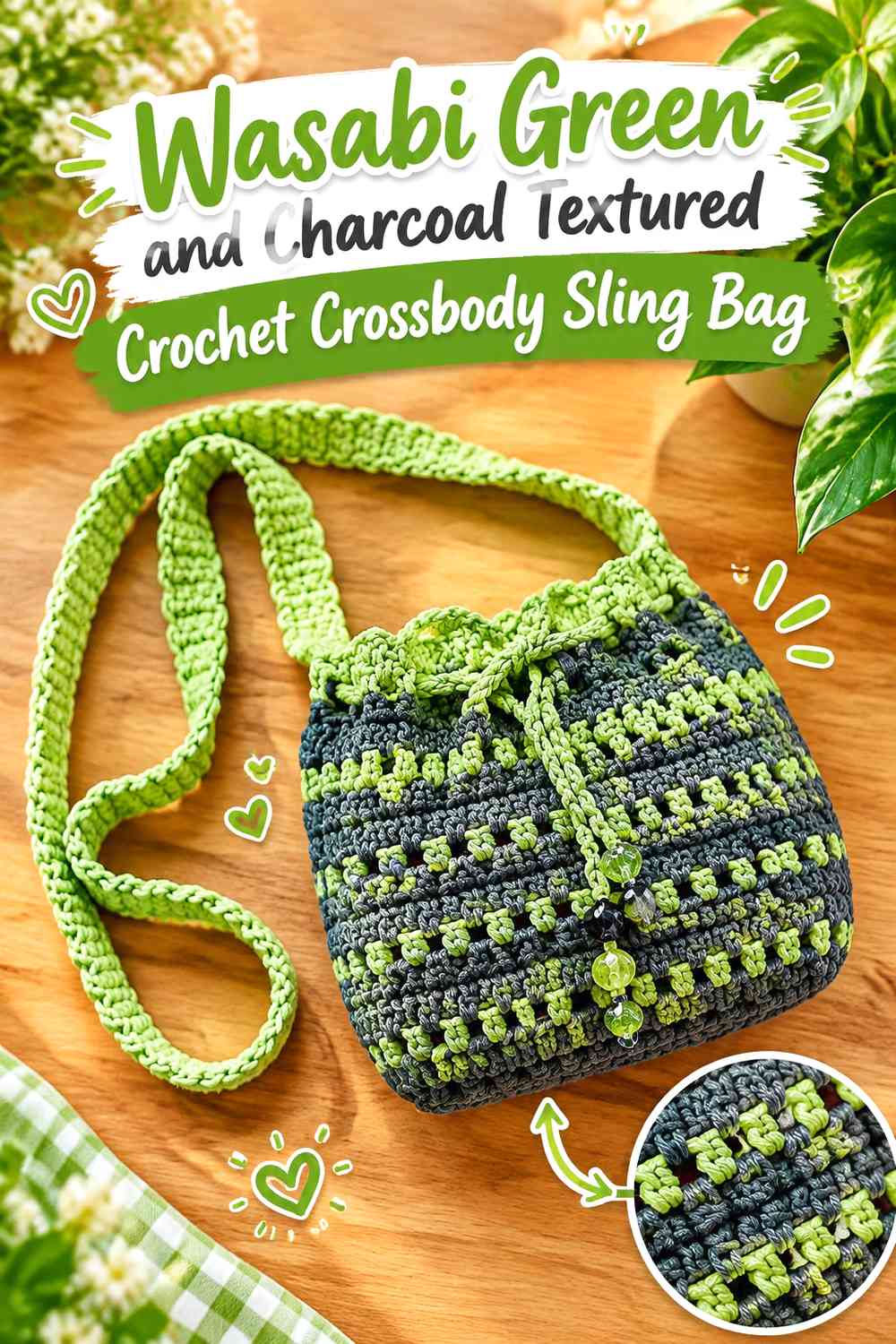 Wasabi Green and Charcoal Textured Crochet Crossbody Sling Bag
