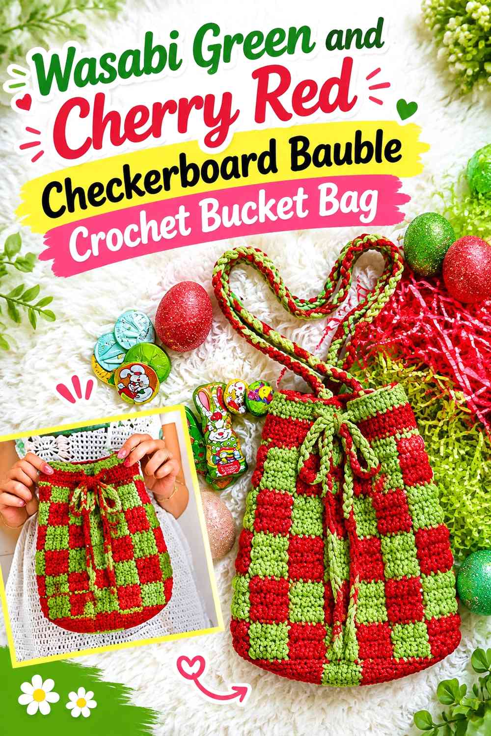 Wasabi Green and Cherry Red Checkerboard Bauble Crochet Bucket Bag