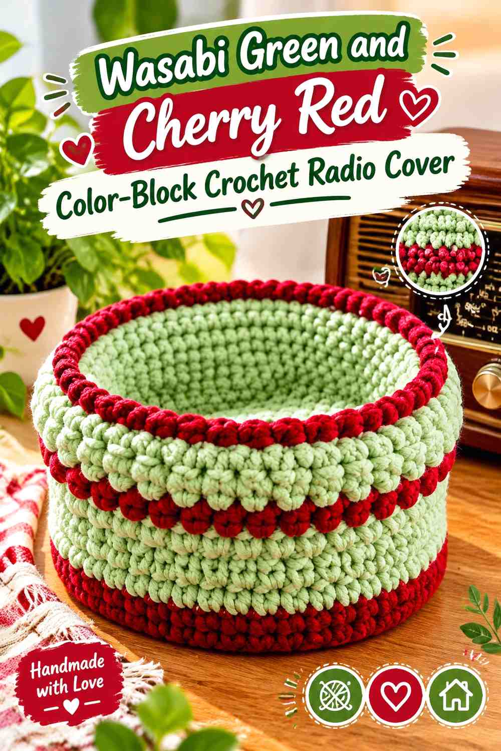 Wasabi Green and Cherry Red Color-Block Crochet Radio Cover