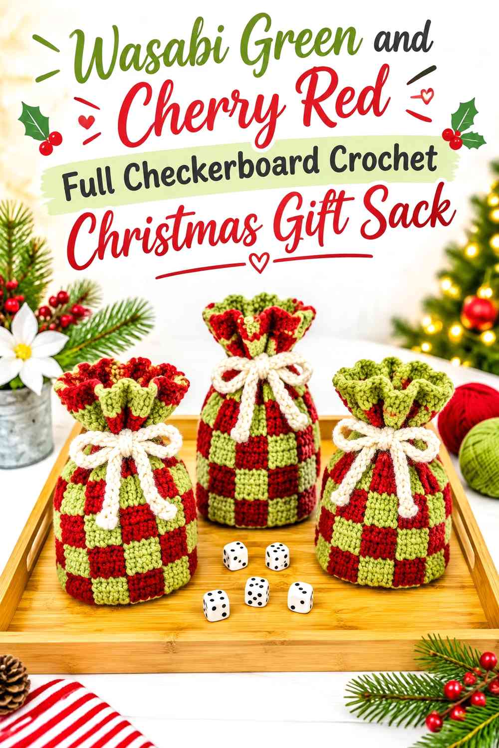 Wasabi Green and Cherry Red Full Checkerboard Crochet Christmas Gift Sack