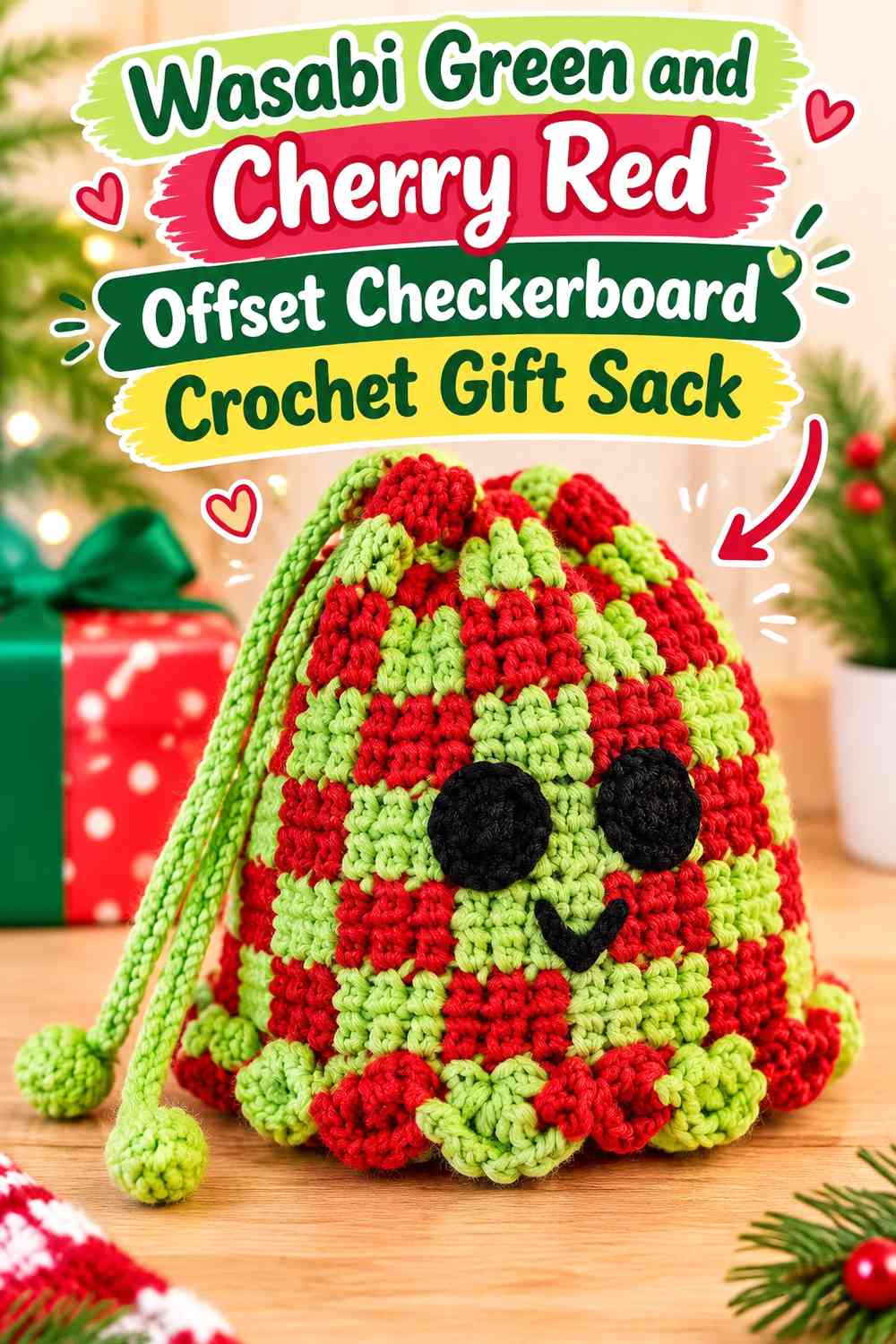 Wasabi Green and Cherry Red Offset Checkerboard Crochet Gift Sack