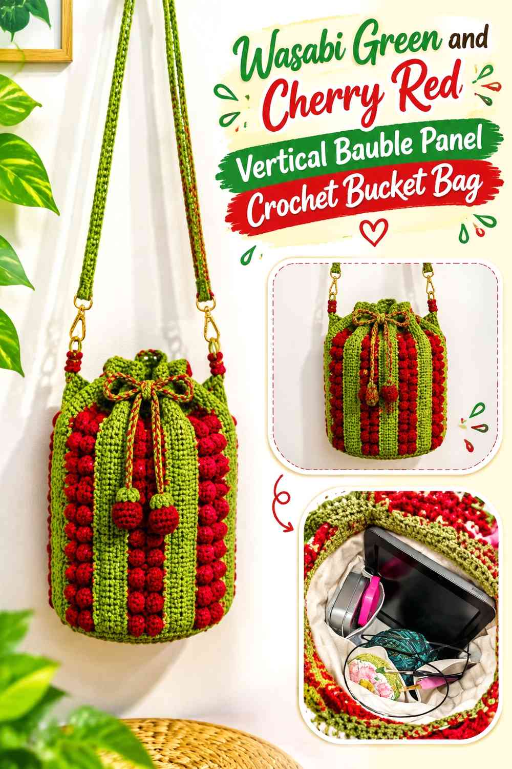 Wasabi Green and Cherry Red Vertical Bauble Panel Crochet Bucket Bag