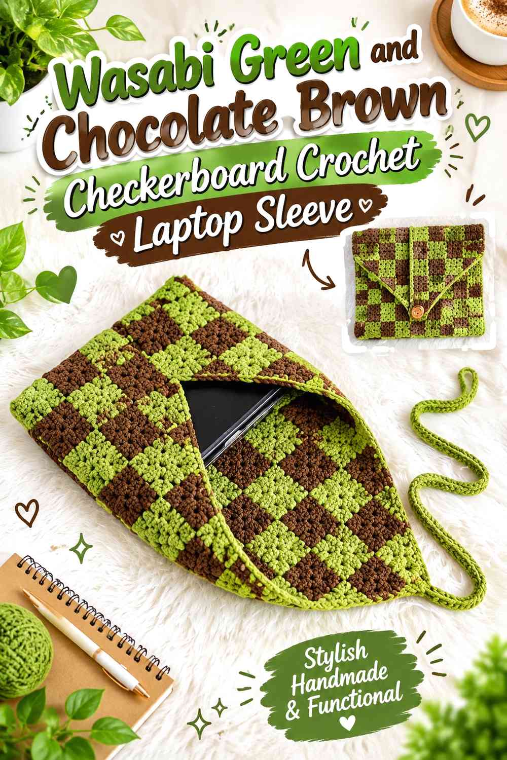 Wasabi Green and Chocolate Brown Checkerboard Crochet Laptop Sleeve