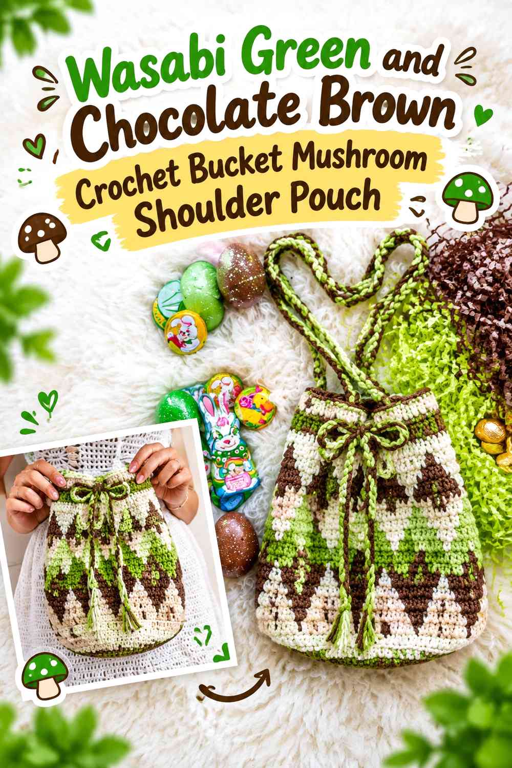 Wasabi Green and Chocolate Brown Crochet Bucket Mushroom Shoulder Pouch