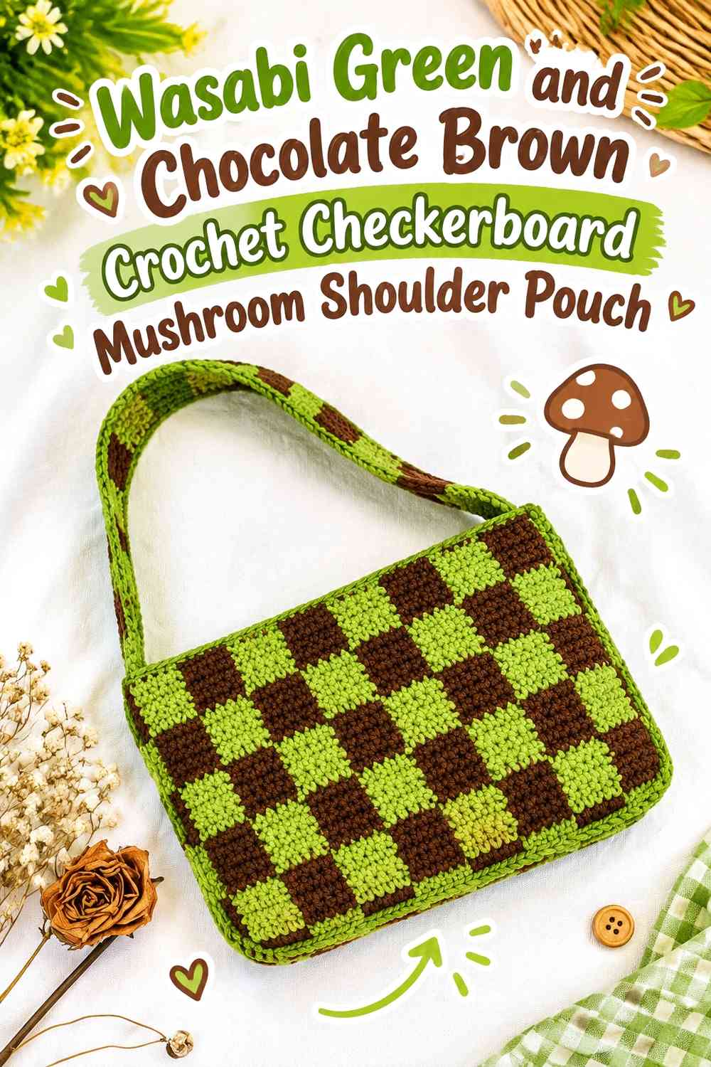 Wasabi Green and Chocolate Brown Crochet Checkerboard Mushroom Shoulder Pouch