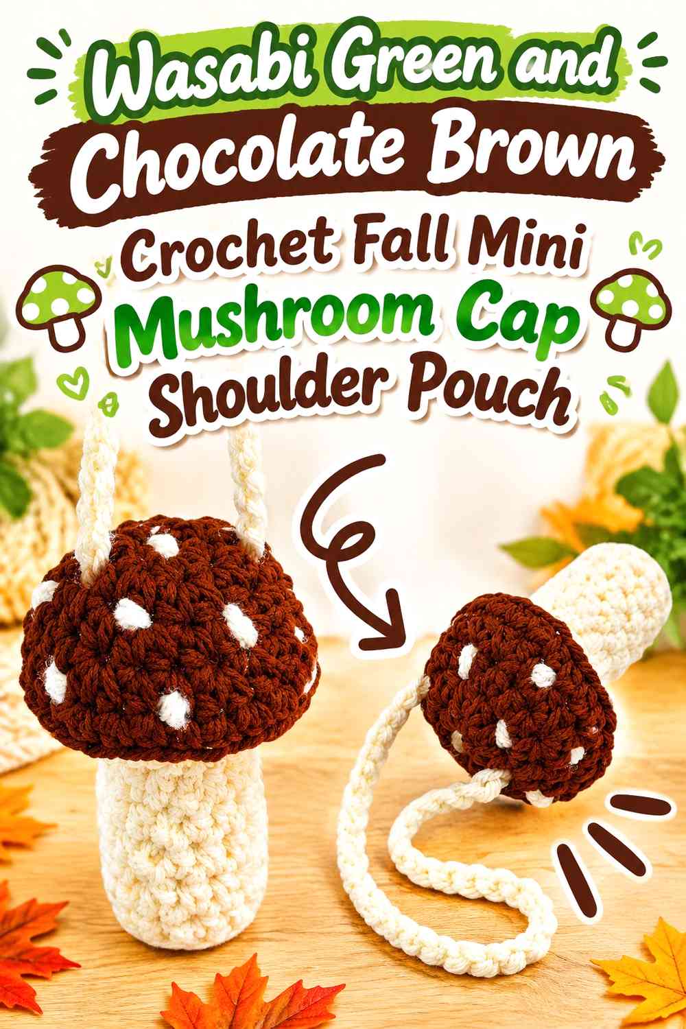 Wasabi Green and Chocolate Brown Crochet Fall Mini Mushroom Cap Shoulder Pouch