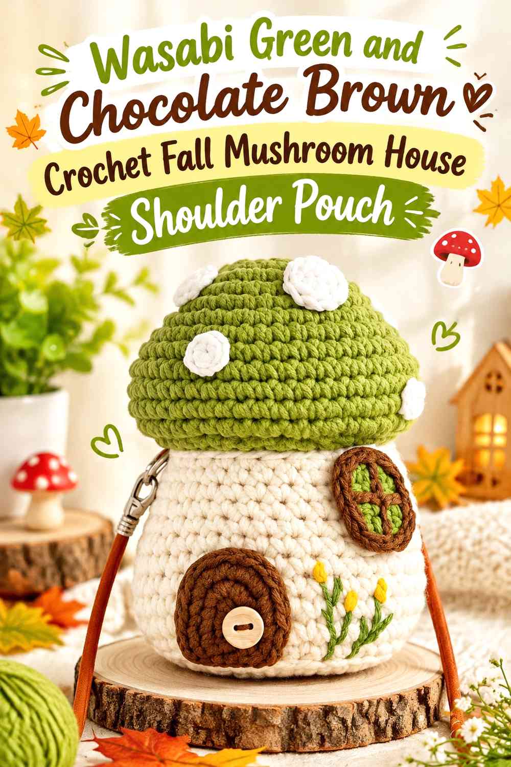 Wasabi Green and Chocolate Brown Crochet Fall Mushroom House Shoulder Pouch
