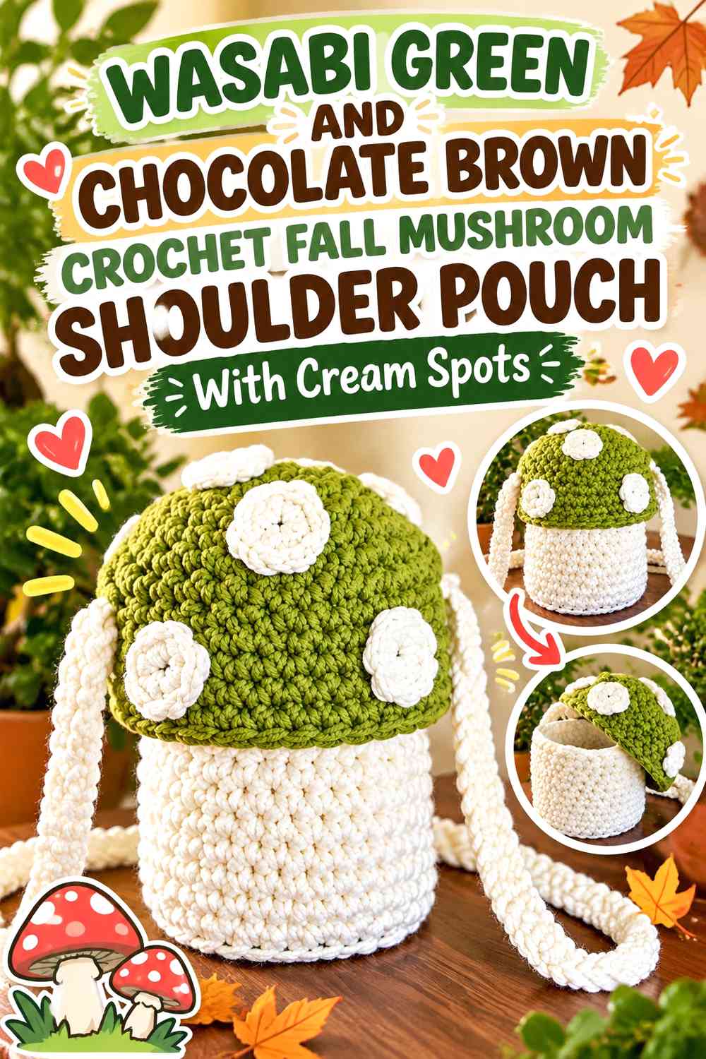 Wasabi Green and Chocolate Brown Crochet Fall Mushroom Shoulder Pouch With Cream Spots