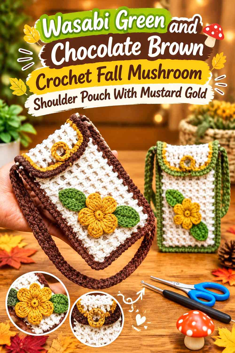 Wasabi Green and Chocolate Brown Crochet Fall Mushroom Shoulder Pouch With Mustard Gold