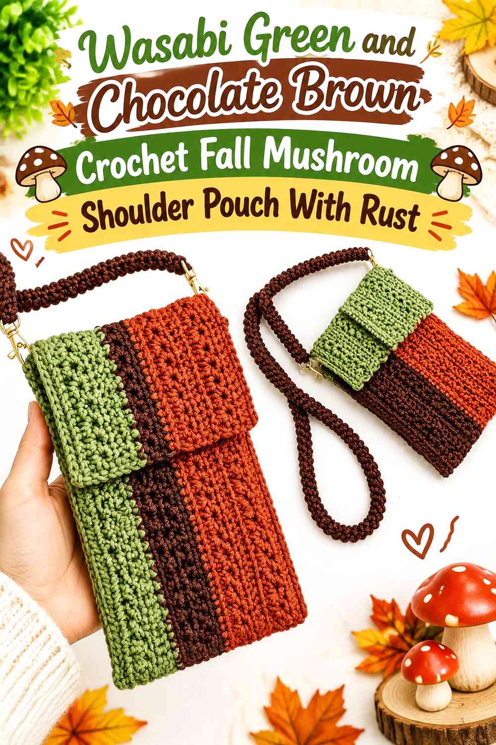 Wasabi Green and Chocolate Brown Crochet Fall Mushroom Shoulder Pouch With Rust