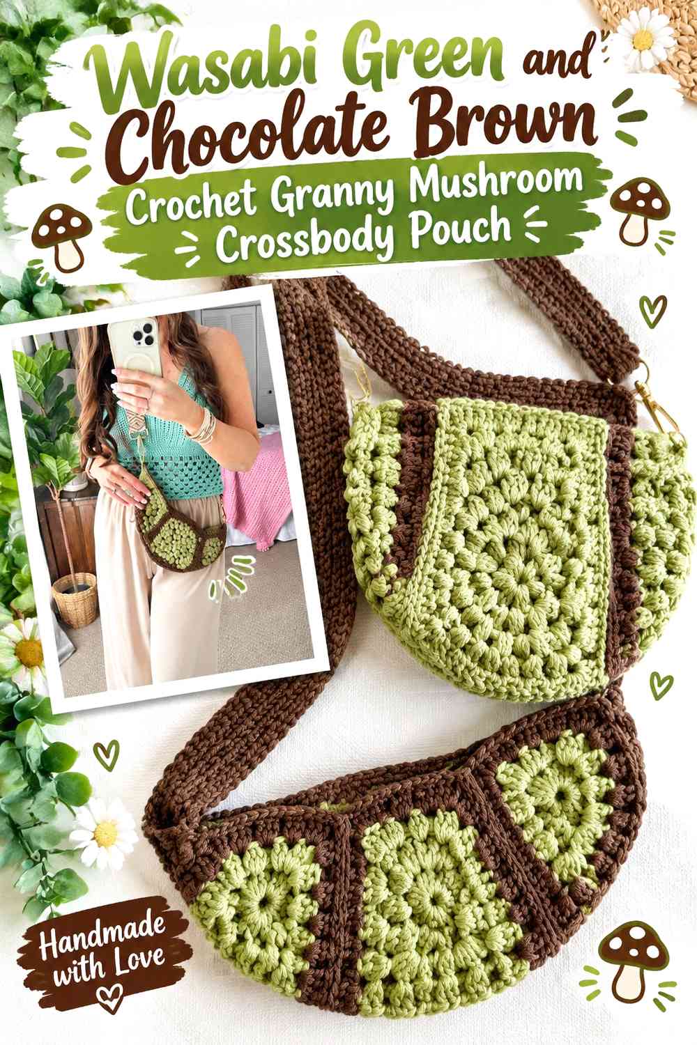 Wasabi Green and Chocolate Brown Crochet Granny Mushroom Crossbody Pouch