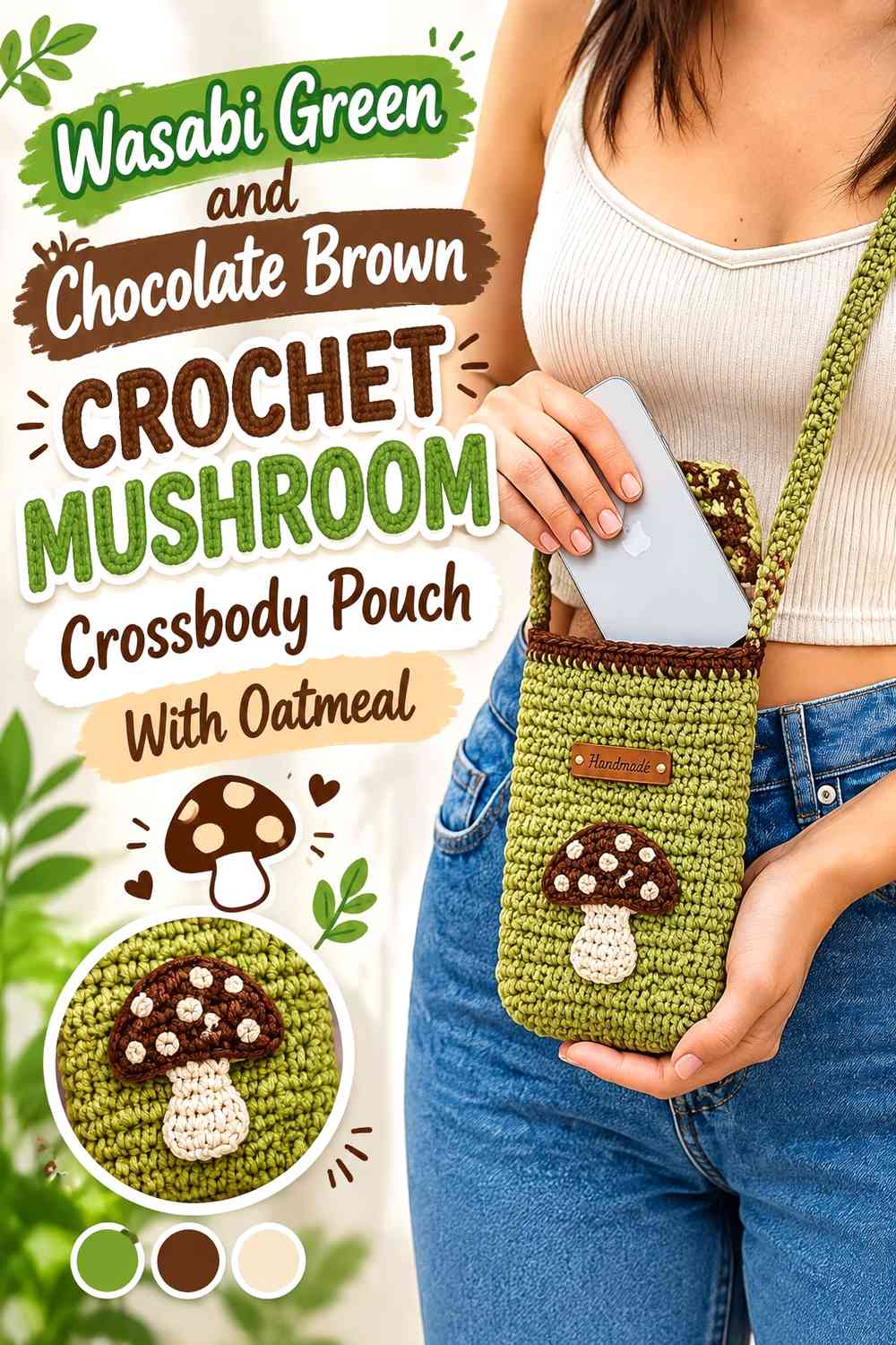Wasabi Green and Chocolate Brown Crochet Mushroom Crossbody Pouch With Oatmeal