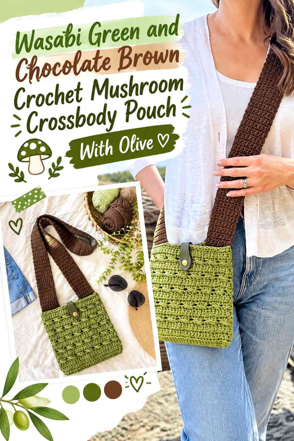 Wasabi Green and Chocolate Brown Crochet Mushroom Crossbody Pouch With Olive