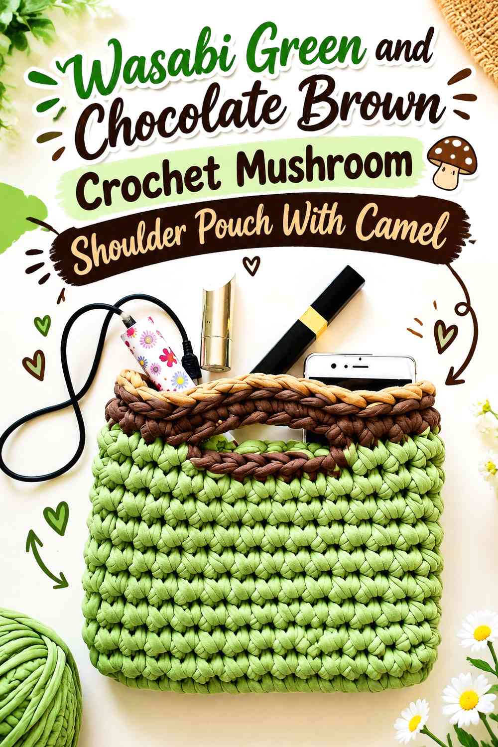 Wasabi Green and Chocolate Brown Crochet Mushroom Shoulder Pouch With Camel