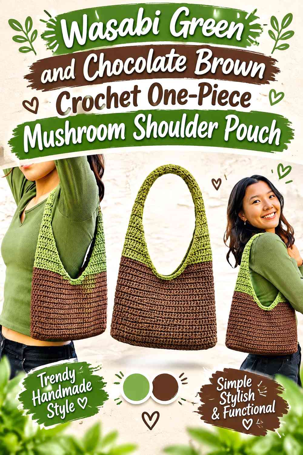 Wasabi Green and Chocolate Brown Crochet One-Piece Mushroom Shoulder Pouch