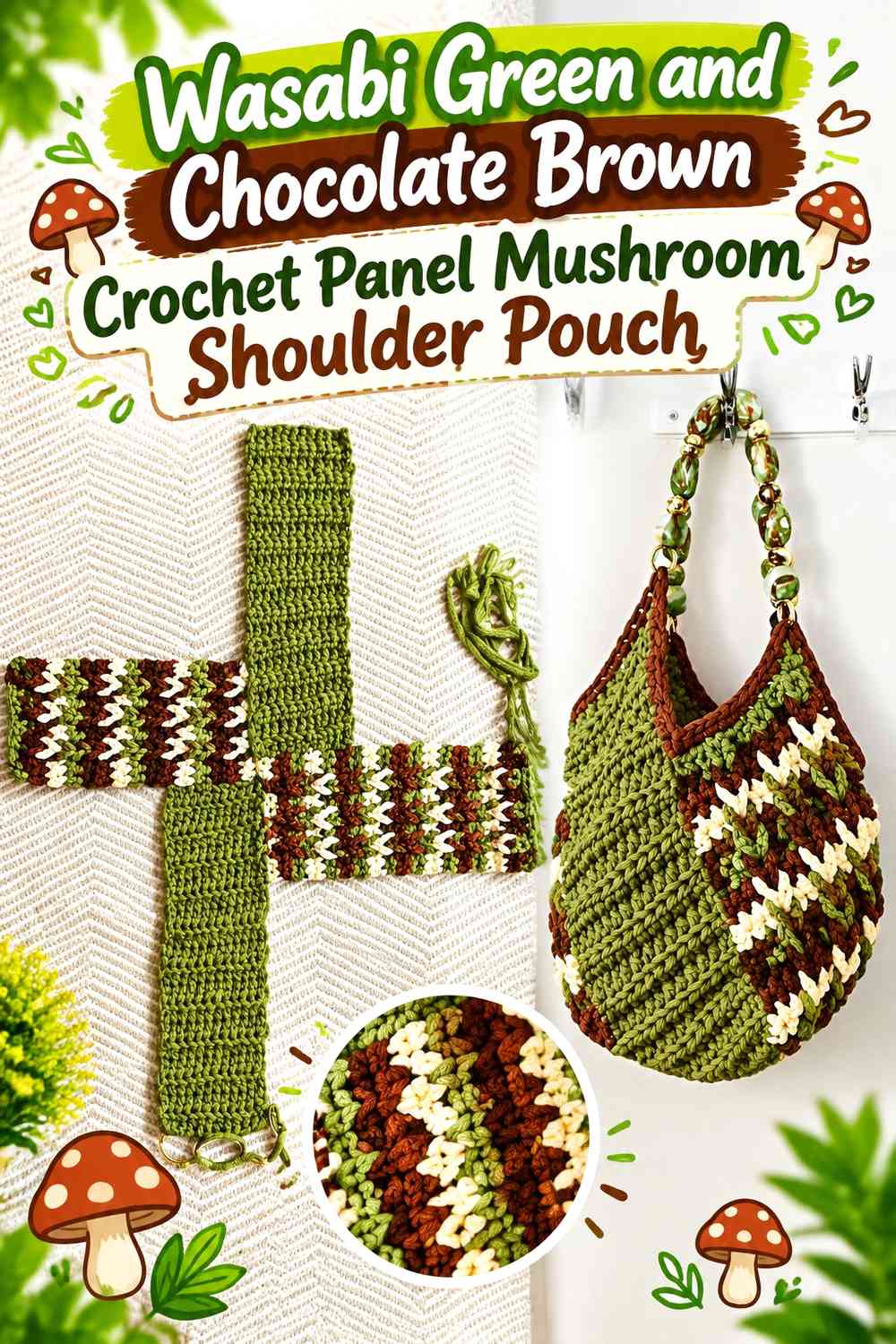 Wasabi Green and Chocolate Brown Crochet Panel Mushroom Shoulder Pouch